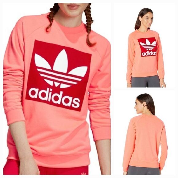 🔺️Adidas Neon Pink Trefoil Logo Crewneck Long Sleeve Sweatshirt Medium - Picture 3 of 12